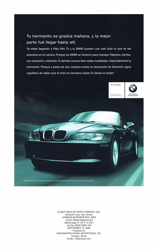 Tu hermanito se gradúa mañana, 2000 BMWNA Advertising Art (Proof) Spanish