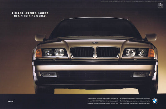 A Black leather jacket in a pinstripe world. 1996 BMWNA Advertising Art - BMW CCA Foundation