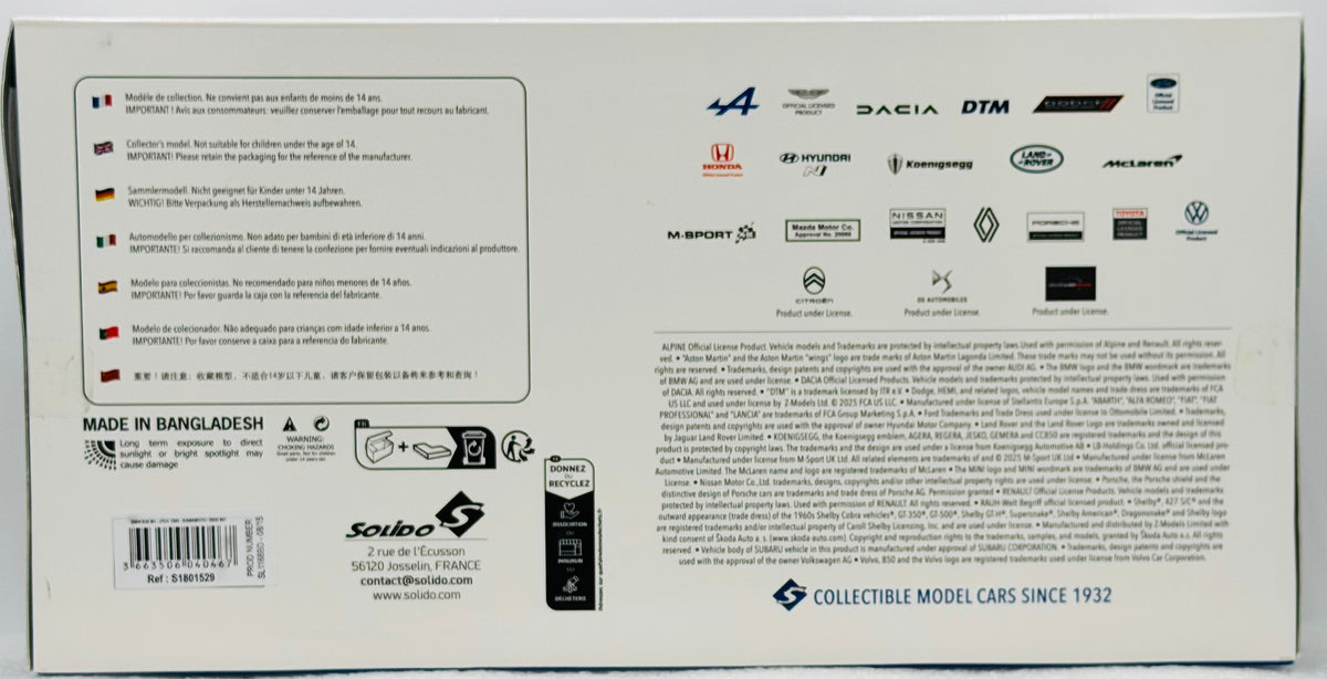 Back of a model car box with branding and text