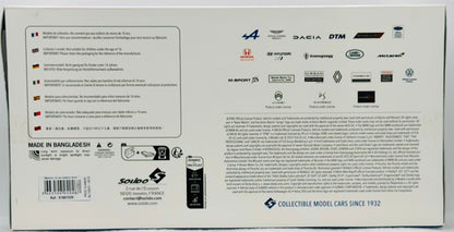 Back of a model car box with branding and text
