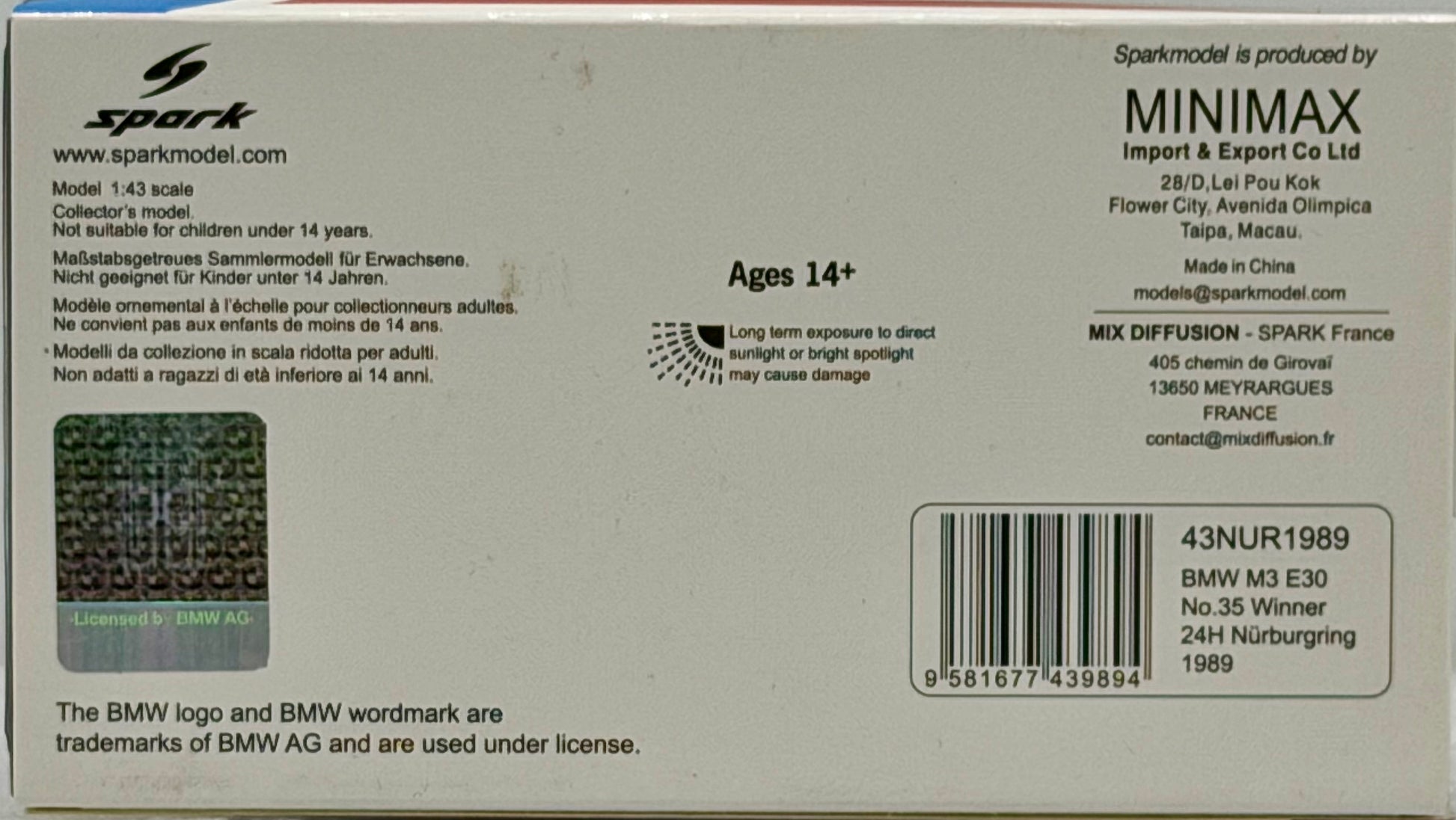 Box of a model car kit by Spark with branding and product details.